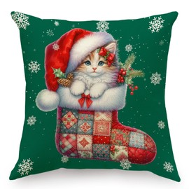 RLCMO Christmas Boots Cat Hat Throw Pillow Cover Merry Christmas Snowflake 18 x 18 Inch Linen for Sofa Couch Decor Room Home Decor Car Cushion Cover (Multicolour)