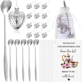 JiaUfmi 32 Set Tea Party Bridal Shower Favors for Guests Thank You Cards Heart Shaped Spoon Small Infuser Ball Steeper for Loose Tea Organza Bags and Hemp Rope For Wedding Souvenirs (Silver)