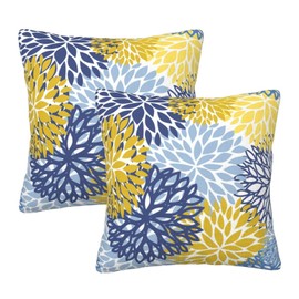 Lukbfall Blue Yellow and Navy Chrysanthemum Flowers Throw Pillow Covers 16 X 16 Inch Decorative Pillowcases Square Cushion Cover for Couch Bedroom Living Room Home, Set of 2
