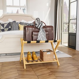 Fully Assembled Bamboo Luggage Rack with Shelf – Foldable Suitcase Organiser for Bedroom, Guest Room, or Hotel, 5 Nylon Straps (Natural Finish) - Color: Honey