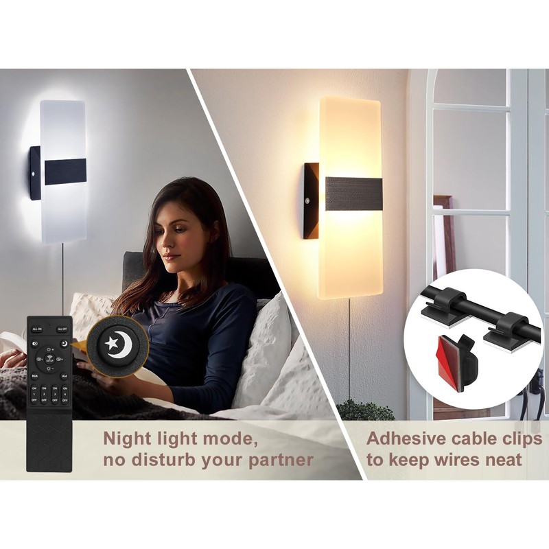 Plug in Wall Sconce with Remote Control, 3000K-6500K Stepless Color