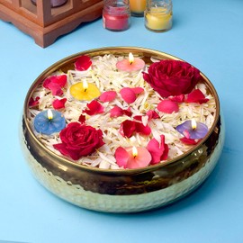 SATVIK Decorative 9.5 Inch Hammered Pattern Brass Urli For Floating Candles Tea Lights Flowers Handcrafted Bowl Indian Festive for Home Office Mandir Living Room Table Top Diwali Décor Gifts Items