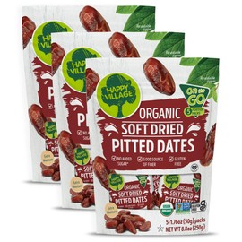 Happy Village Organic Soft Dried ;Pitted Dates On the Go - 3 Bags (15 Individual Portion Packs) Healthy, Dried Fruit Snack Packs, ORGANIC, NON-GMO, GLUTEN FREE