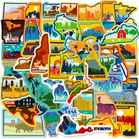 50PCS US States Stickers, USA Map Stickers, Icicrim Outdoor Travel Hiking Waterproof Vinyl Stickers for Water Bottles Laptop Phone Luggage Scrapbook Journal