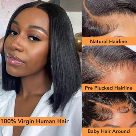 Bob Wig Human Hair 12 Inch 13x4 Lace Front Wigs Human Hair Pre Plucked 180% Density Short Straight Bob Wig Natural Color Glueless Bob Wigs for Black Women