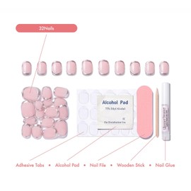 Press On Nails 32 Light Pink – Short Square Oval I Reusable Press on Nails - Glam Diva I French nail, Chrome Tip for Adult I Nails with Glue Adhesive Tabs, Clean Pad, Nail File & Wood Stick