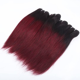 1b/99j Ombre Bundles with Closure(10 10 10+10) Brazilian Straight Bundles Human Hair Red Burgundy Short Bob Human Hair 3 Bundles with 4x4 Lace Closure 50g/bundle