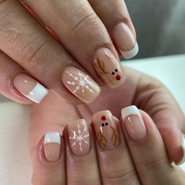 Christmas Press on Nails Medium Square SWEKKE White French Tip Fake Nails False Nails with Snowflake Reindeer Designs Full Cover Glossy Glue on Nails Xmas Acrylic Nails for Women Girls 24 Pcs