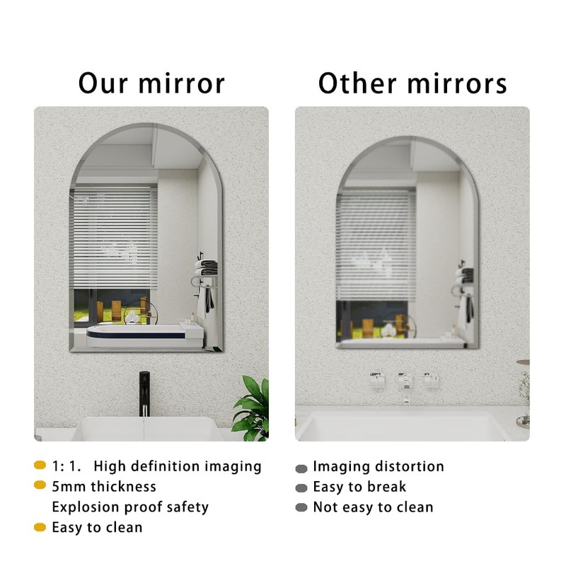 Arched Bathroom Mirror, 24X40 inch Arched Frameless Mirror, Arch Wall