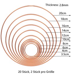 Pack of 20 Rings for Dream Catcher Metal Rings Wire Ring Metal Hoops for Crafts Metal Rings Hoops Gold 20/18/16/14/12/10/8/6/4/3.5 cm Dream Catcher Craft Set Mobile Ring DIY Crafts