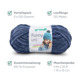 Gründl Funny Plain Wool Soft Chenille Wool for Crocheting Chenille Yarn 100% Polyester 2 Balls (100 g / 120 m, Needle Size: 5-6) – Jeans
