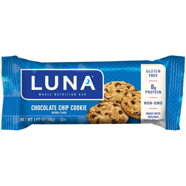 LUNA BAR - Gluten Free Snack Bars - Chocolate Chip Cookie Flavor -8g of protein - Non-GMO - Plant-Based Wholesome Snacking - On the Go Snacks (1.69 Ounce Snack Bars, 15 Count)