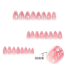 24Pcs Long Almond Press on Nails RIICFDD Pink Fake Nails 3D Bows & Pearl Nail Charms False Nails with Sliver Bow & Star Designs Artificial Glossy Acrylic Nails Full Cover Glue on Nails for Women Girls