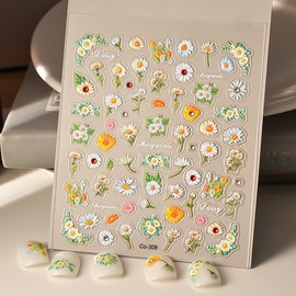 Flower Nail Stickers Daisy Floral Nail Art Stickers Cute Spring Nail Supplies 5D Soft Embossed Relief Self-Adhesive Art Design Decal Exquisite Flower Rhinestones for Manicure Decoration