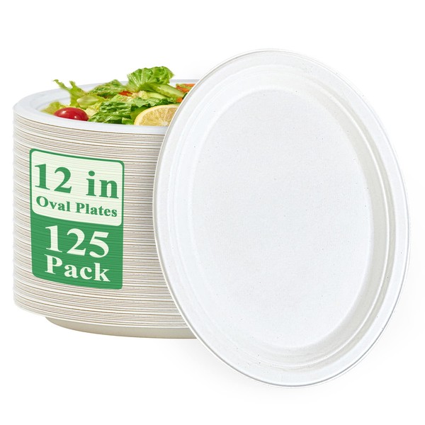Vplus 100% Compostable Oval Paper Plates 12 inch 125 Pack Super Strong Disposable Paper Plates Bagasse Natural Biodegradable Eco-Friendly Sugarcane Plates for BBQ, Party, Gathering, and Picnic