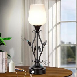 AUZONIMICS Touch Bedside Table Lamps, 3-Way Dimmable Uplight with 2 USB Charging Ports, White Opal Glass Lamp Shade Rural Leaf Torchiere Lamp for Bedroom Living Room Nightstand, LED Bulbs Included
