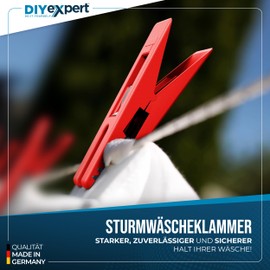 DIYexpert Sturm Clothes Pegs, Made in Germany, Red, Sturdy Clips for Washing Line, Rotary Line and Clothes Airer, Beach Loungers, Clothespins and Clothes Pegs