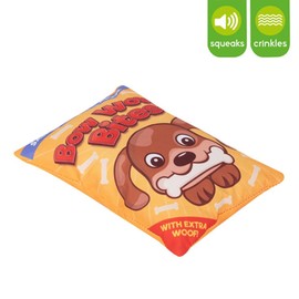 YöL Bow Wow Bites Novelty Dog Plush Toy With Squeak Crinkle Crisp Packet Anxiety Reducing Interactive Toy