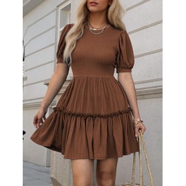 Mieazom Women's Puff Sleeve Ruffle Dress, Brown, Size Large, Regular Fit, Mini Length, Solid Color, Casual Summer Dress with Pockets and Elastic Waist