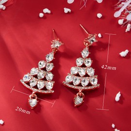 Loutade Silver Christmas Earrings for Women, Rose Gold Christmas Tree Drop Earrings with Sparkly Zircon, Hypoallergenic Lightweight Xmas Holiday Dangle Earrings Rose Gold with Gift Box for Winter