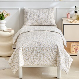 DuShow Cotton Toddler Duvet And Pillowcase Set,Floral Cot Bed Duvet Cover Set For Girls,Reversible Junior Toddler Bedding Set,Orange-120 x 150 cm