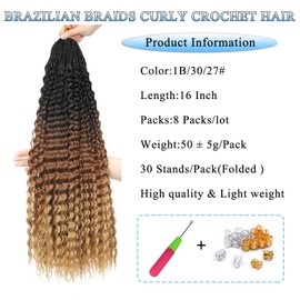 Auxemuen Pre Looped Micro Curly Crochet Hair Brazilian Afro Kinky Crochet Black Braiding Hair Extensions Deep Wave Synthetic Mini Senegalese Twist For Boho (1B/30/27, 16 Inch (Pack of 8))