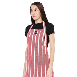 Encasa Chef Kitchen Apron for Men & Women | 27x33 in | Durable Cotton | 1 Pocket & 1 Towel Holder | Adjustable Strap and Waist Ties for Optimal Fit | Cooking & Grilling Roma Red Stripes