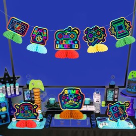 Neon Video Game Party Centerpieces Video Game Birthday Decorations Neon Glow Rainbow Game Theme Party Table Decoration Honeycomb Centerpieces Level Up Game On Birthday Decor Gaming Theme Party Supply