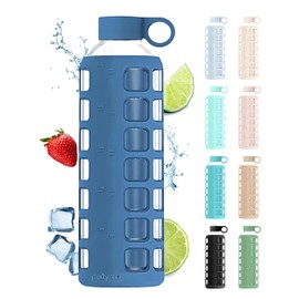 Purifyou Borosilicate Glass Water Bottles Chinese Porcelain 40/32/22/12 oz 40oz | Volume Markers, Silicone Sleeve, Stainless Steel Lid, Reusable Bottle, for Water, Juice, Gym, Fridge Storage