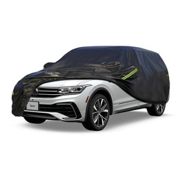 KouKou Waterproof SUV Car Cover Suitable for Volkswagen Tiguan 2020-2025, 7 Layers Windproof All Weather Waterproof Outdoor Cover Sun Rain UV Dust Snow Protection. Black