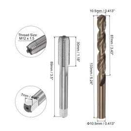 sourcing map Tap & Bit Sets, M12 x 1.5 H2 Straight Flute Machine Thread Milling Tap, 10.5mm M35 Cobalt High Speed Steel (HSS-CO) Twist Drill Bit