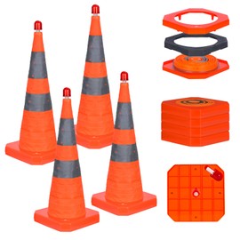 4 Pack 28-Inch Collapsible Traffic Cone with LED Light, Weighted Base Orange Safety Road Hazard Cone, Road & Parking Cone for Construction, Driving Practice & Lot Management - Sturdy Design