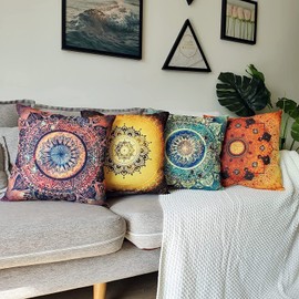 Pack of 4 Mandala Cushion Covers 45x45 cm, Decorative Retro Floral Mandala Compass Medallion Bohemian Throw Pillow Cover for Living Room Bedroom Couch Sofa Chair Outdoor Pillow Cases