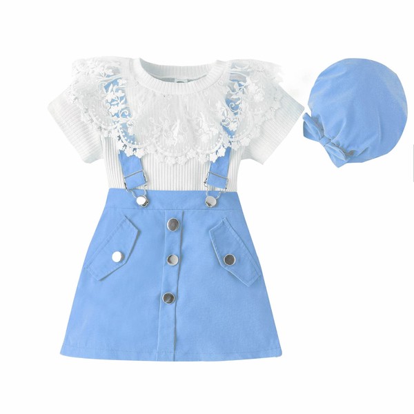 Ied Kashiqi Conjunto de 3 piezas para niña, cuello de muñeca de encaje, manga corta, tirantes, falda corta con gorra 4-7 años, traje para niñas, Azul, 6 Años
