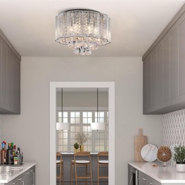 Bestier Modern Crystal Raindrop Drum Chandelier Lighting Flush Mount LED Ceiling Light Fixture Lamp for Dining Room Bathroom Bedroom Livingroom 6 E12 LED Bulbs Required Diameter 16 inch Height 12 inch