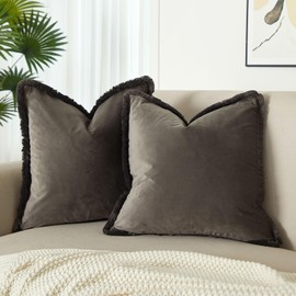 JUSPURBET Pack of 2 Ash Decorative Fringe Velvet Throw Pillow Covers 20x20 for Home Decor Living Room Bedroom Car Boho Soft Cushion Cover with Hidden Zipper Machine Washable