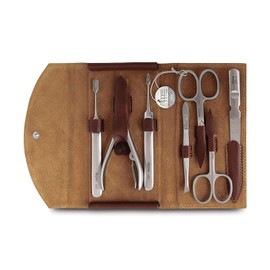 nippes Solingen Classic Premium Manicure Set, 7 Pieces, Genuine Cowhide Leather Nail Case, Brown, Stainless Steel, Nickel and Rustproof, Nail Set, Nail Care Set, Made in Solingen/Germany