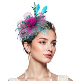 Zando Kentucky Fascinators Hats for Women 2025 Derby Tea Party Hats for Women & Girls Flower Mesh Feathers Headband Fancy Headwear Hair Clip for Wedding Church Green & Hot Pink & Blue Fascinator