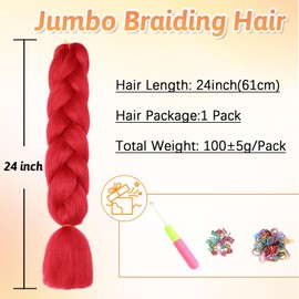 ShowJarlly Synthetic Hair for Braiding Ombre Jumbo Braiding Hair 24 Inch Braids Extensions Synthetic Hair for Braiding 1 Piece for Box Braids for Braiding Braids (Red #)