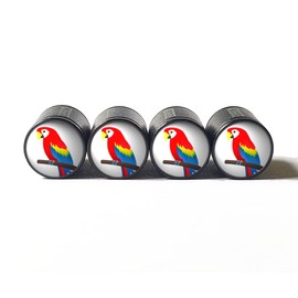 Colorful Parrot Tire Valve Caps - Black Aluminum - Set of Four