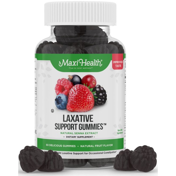 Maxi Health Laxative Gummies, 60's - Chewable Vegan Gummy Laxative for Adults and Kids Ages 6 and Up - All-Natural Laxative with Senokot Extract and Mixed Natural Fruit Flavors (Berry, 60 Count)