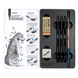 MILAN Metal Tin with 3 Graphite Pencils (HB, 4B and 8B) 1 Sharpener Afilo 1 The Master Gum 1 Brush, 07168103C