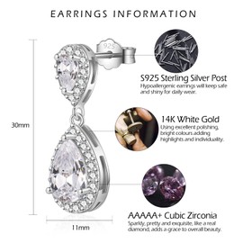 VYYU Silver Drop Earrings for Women - Sterling Silver Earrings, Dainty Diamond Dangle Earrings Hypoallergenic Earrings | Teardrop Earrings Jewellery Christmas Birthday Bridesmaid Wedding Gift, White