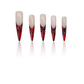 ArtiPrint Press on Nails Bold Vintage Glamour Style Semi-Transparent Nude Base with Red & Black Accent Design Reusable Stick-On Nails, Easy to Apply (K011, L)