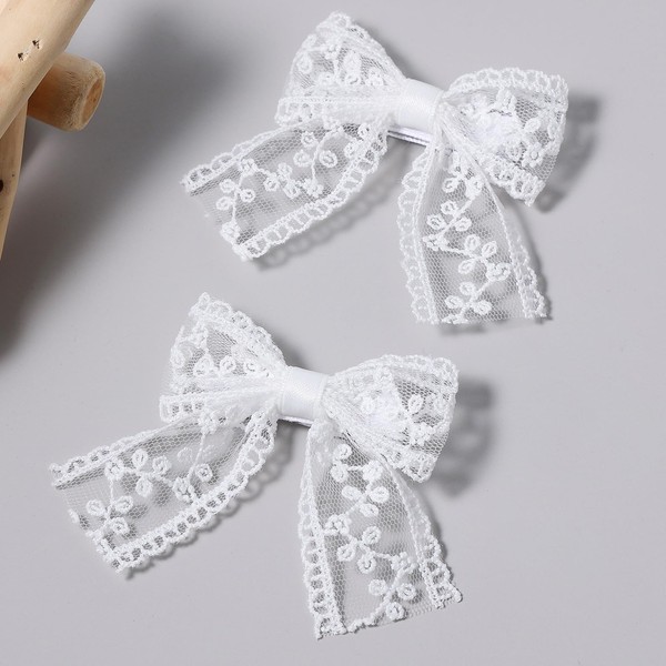 3" Small White Lace Hair Bow Clips with Long Tail