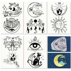 CRASPIRE 5 Sheets Tarot Card Water Soluble Embroidery Stabilizers Hand Sewing Stick and Stitch Moon Magic Transfers Paper Wash Away Pre-Printed Self Adhesive Patterns for Cloth Sewing Lovers Beginner