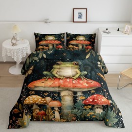 Feelyou Frog Comforter Set King Size Cute Mushroom Decor Comforter Adults 3D Digital Print Tropical Amphibian Fall Leaves Bedding Set Red Duvet Set Room Decor 3Pcs with 2 Pillow Case
