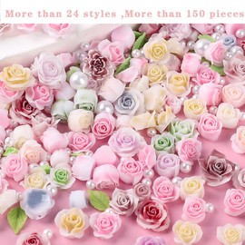 COOSLIM 150pcs 3D Camellias Rose Flower Nail Charms, Nail Pearls Cute Leaves Flower Nail Art Charms for Acrylic Nails, Colorful Flowers Nails Charms Floral Charm Resin Charms for Nails Design C