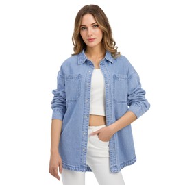 HISEA Denim Jacket for Women, Womens Long Sleeve Jean Shacket with Button, Women's Oversized Fashion Jackets for Fall, Blue