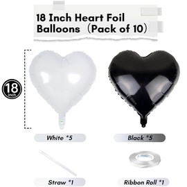 Black White Heart Balloons, 18 Inch Black and White Heart Party Decorations, 10PCS Matt White and Black Helium Foil Balloons for Birthday Birthdays Wedding Graduation Engagement Party Decorations